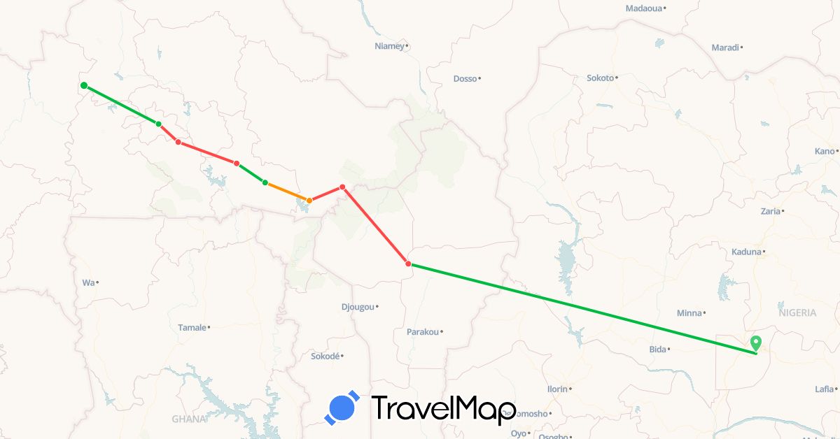 TravelMap itinerary: bus, hiking, hitchhiking in Burkina Faso, Benin, Nigeria (Africa)